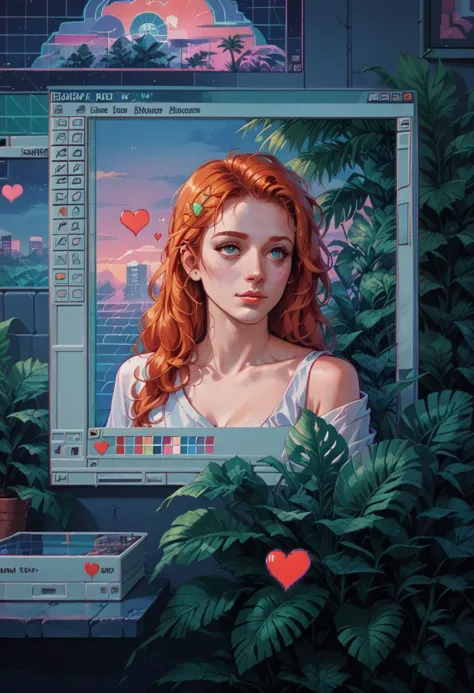 score_9, score_8_up, score_7_up, score_6_up,   <lora:win98XLP:1> win10, fake screenshot, 1990s \(style\), retrowave, 1girl, plants, hearts, long hair, ginger hair