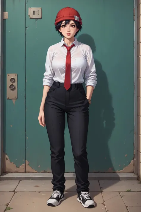 score_9, score_8_up, score_7_up, score_6_up, score_5_up, score_4_up, masterpiece, high quality, BREAK, full body, 1girl, BREAK, <lora:Fuuko_UU:0.9> izumo fuuko, red headwear, red hat, black hair, brown eyes, 1girl, large breasts, white shirt, red necktie, short hair,