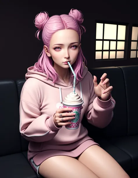 1girl, cone hair bun, pink hair, ring, pink eyes, drinking, hair bun, double bun, jewelry, long hair, genderless, mature, hooded sweatshirt, source_anime, looking at viewer, depth of field, indoors, cafe scene, sitting, cinematic angle,, cinematic lighting, dark, dark background,, zPDXL PonyXLV6_Scores