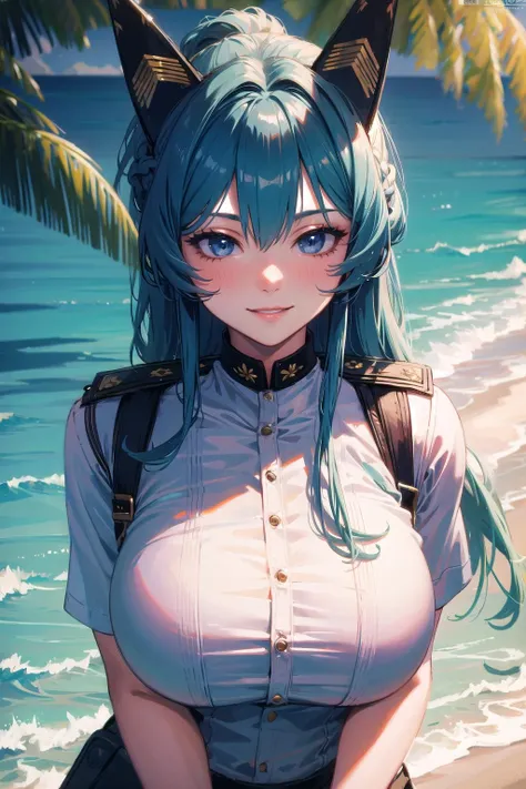 (masterpiece:1.3),(highly detailed:1.3),(highres:1.1),best quality,Ultra-detail,1girl,solo,beach,jelo-helm \(aquamarine\),fake animal ears,white shirt,wet shirt,see-through shirt,blue bikini,bikini under shirt,looking at viewer,smile,<lora:helm_aquamarinev2:1>,