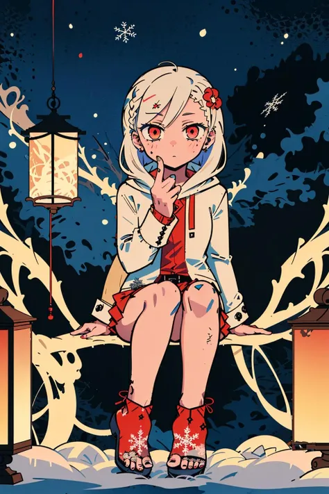 (((masterpiece))), (((best quality))), ((ultra-detailed)), (illustration),beautiful detailed sky ,night,stars,(1girl)((an extremely delicate and beautiful girl)),red eyes,dramatic angle,small breasts,(((full body))),hood,cold face and white shirt,(((long white hair))),(red hair),(red plum blossom),((winter)),(((snowflakes)))detailed cute anime face,cinmatic lighting,((red and white flowers)),hairs between eyes, expressionless, young girl,(((Facing the lens))),(starry sky),((Beautiful face)),((full body)),(sitting),depth_of_field,((colorful)),scenery,hair_flower,lantern,christmas,(starfall) <lora:hyvv_20230804152746-000018:1>