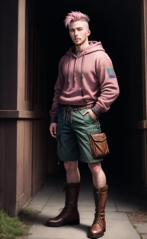 ((best quality)), ((masterpiece)), ((realistic)), (detailed), male Youth Sturdy Russian wearing CinnamonBrown Mesh Fair Isle Cargo shorts and Dark pink Chenille Tartan Hoodie and Monk strap boots and Tam o' Shanter and Arm sleeve with Petite Goatee with Soul Patch and Light blue eyes and Nasal septum and Spiky hair hairstyle, Standing tall, hands on hips, looking confident, Satisfaction , ((masterpiece)), absurdres, HDR, <lora:add_detail:1>, <lora:LowRA:0.5>