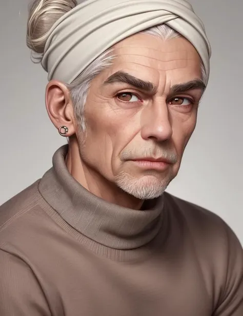 male Senior Well-defined, European, Dark brown eyes,    Pointed Jaw, Soft Cheeks,  Heart face shape with Pointed Chin,  Thin lips, Silver Blonde Top knot hair, Anticipation, wearing  Chinos,  Crew neck sweater, , Headscarf,  andlip Piercings  and, Leaning forward with curiosity