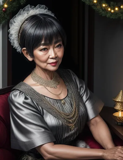 ((best quality)), ((masterpiece)), ((realistic)), (detailed),  female Nonagenarian Muscular Southeast Asian wearing Champagne Herringbone Brocade Paperbag shorts and SlateGray Organza Chevron Striped blouse and Slides and Halo headband and Necklace with Festive holiday makeup and Steel gray eyes and Thin lips and Pixie cut hairstyle, Hands clasped in front, showing attentiveness, Pity ((masterpiece)), absurdres, HDR, <lora:add_detail:1>, <lora:LowRA:0.5>