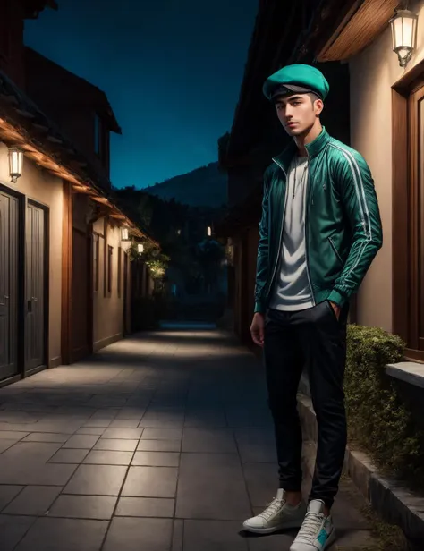 ((best quality)), ((masterpiece)), ((realistic)), (detailed), male Late twenties Lithe, Central Asian, Turquoise eyes, , Black Ivy League hair, Worry, wearing  Straight-leg chinos, OliveGreen  Sateen  Marble Zip-up track jacket, Sneakers, Greek fisherman's cap, , Standing with weight shifted to one leg, suggesting ease, Duplexes, Plywood,Lapis Lazuli, LED Outdoor Lights, Pathway Lighting, ((masterpiece)), absurdres, HDR, <lora:add_detail:1>, <lora:LowRA:0.5>