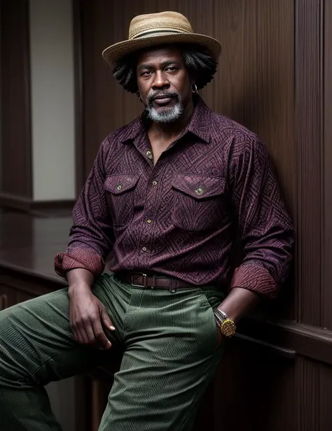 ((best quality)), ((masterpiece)), ((realistic)), (detailed),  male Aging gracefully Sculpted Afro-Caribbean wearing Light brown Brocade Ikat Corduroy pants and Green Flannel Harlequin Cargo shirt and Driving shoes and Bucket hat and Hat with Broken Goatee and Emerald eyes and Wrinkles and French crop hairstyle, Arms crossed tightly, suggesting defensiveness or discomfort, Relief ((masterpiece)), absurdres, HDR, <lora:add_detail:1>, <lora:LowRA:0.5>