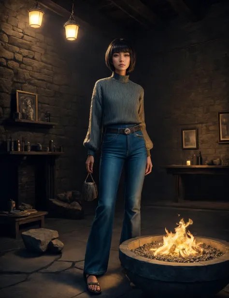 ((best quality)), ((masterpiece)), ((realistic)), (detailed), female Legal age, Tall, Inuit, Dark brown eyes, , Salt and Pepper Textured haircut hair, Loneliness wearing  Bootcut pants,  Flared sleeve top, Flip-flops, , , Arms extended wide, expressing openness, Prisons, Rhyolite stone, Fire Bowls, String Lights (Fairy Lights), ((masterpiece)), absurdres, HDR, <lora:add_detail:1>, <lora:LowRA:0.5>