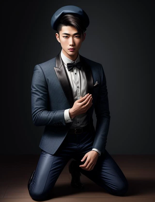 ((best quality)), ((masterpiece)), ((realistic)), (detailed),  male Young adult Sleek East Asian wearing NavyBlue Piqu Geometric Cropped chinos and Gray Tweed Checkered Leather jacket and Penny loafers and Beret and Handkerchief with Landing Strip and Dark brown eyes and Thin lips and Curly undercut hairstyle, Kneeling with head bowed, displaying humility or prayer, Skepticism ((masterpiece)), absurdres, HDR, <lora:add_detail:1>, <lora:LowRA:0.5>