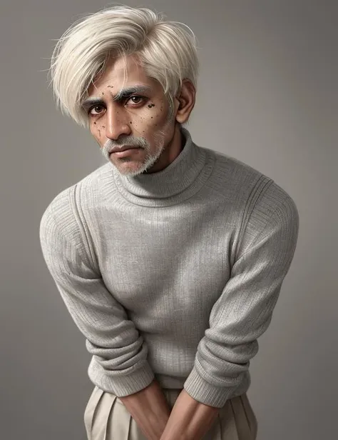 male Hundred years old Toned, South Asian, Gray eyes,  Angular Nose, Protruding Chin with Cleft,     Striking Birthmarks, Birthmarks, Platinum Blonde Short and messy hairstyle hair, Admiration, wearing  Pleated shorts,  Turtleneck sweater, , ,  and and and, Leaning forward with curiosity