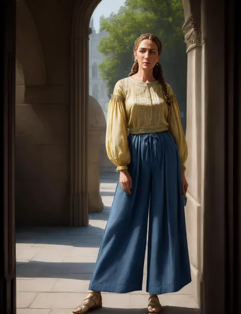((best quality)), ((masterpiece)), ((realistic)), (detailed), female Middle-aged, Angular, Middle Easterner, Deep blue eyes, Freckles, Dutch braid hair, Satisfaction wearing Wide-leg linen pants, Light yellow Patchwork Canvas Chiffon blouse, , , , Arms linked with someone, indicating companionship, ((masterpiece)), absurdres, HDR, <lora:add_detail:1>, <lora:LowRA:0.5>
