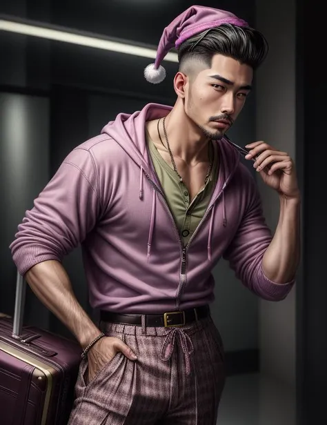 ((best quality)), ((masterpiece)), ((realistic)), (detailed),  male Senior Sculpted East Asian wearing Lilac Tweed Marble Pleated khaki shorts and HotPink Nylon Tie-dye Henley hoodie and Loafers and Santa Claus hat and Luggage tag with Petite Goatee with Soul Patch and Green eyes and Moles and Slicked-back undercut hairstyle, Hands clasped in front, showing attentiveness, Loneliness ((masterpiece)), absurdres, HDR, <lora:add_detail:1>, <lora:LowRA:0.5>