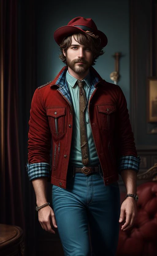 ((best quality)), ((masterpiece)), ((realistic)), (detailed),  male Late twenties Hourglass African Cyclope wearing Lightness (reduced weight) IceBlue Corduroy Plaid Board pants and BurntOrange Taffeta Tartan Denim jacket and Derby boots and Cricket hat and Necklace with Imperial Mustache and Ruby red eyes and Laugh lines and Classic side-swept hairstyle hairstyle, Arms linked with someone, indicating companionship, Contentment, Diffusion Turbulence avalanche Flow state Dashed lines Liquid magic, __styles_rnd__ ((masterpiece)), absurdres, HDR, <lora:add_detail:1>, <lora:LowRA:0.5>