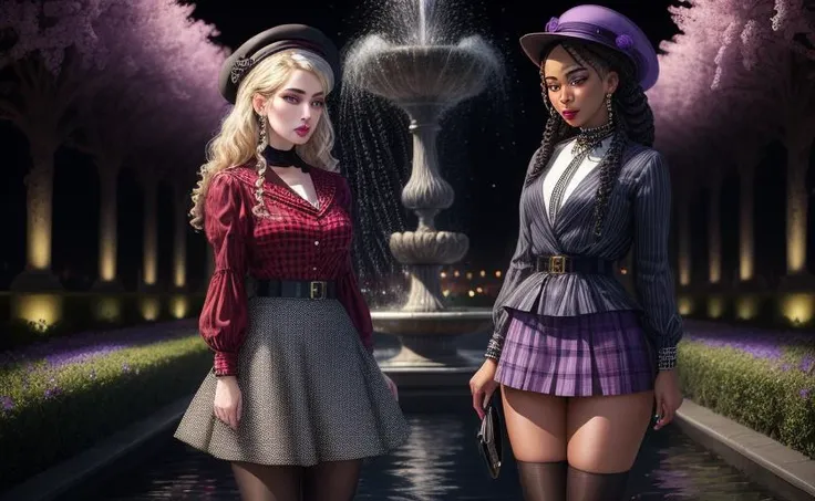 ((best quality)), ((masterpiece)), ((realistic)), (detailed), female Retirement age Compact Ashkenazi Jew wearing Black Crepe Polka dot Denim skirt and Vermilion Wool Checkered Wrap blouse and Peep-toe heels and Sailor hat and Wristband with Glamorous evening makeup and Violet eyes and Cheekbones and Box braids hairstyle, Standing with hands in front, suggesting submission, Anticipation , Expansive gardens filled with vibrant, fragrant flowers and flowing fountains., Video Installation ((masterpiece)), absurdres, HDR, <lora:add_detail:1>, <lora:LowRA:0.5>