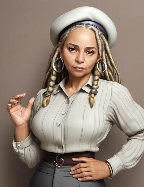 female Middle-aged, Buoyant, Latin American, Brown eyes, Curled Ears, Short Nose,    Uneven Forehead, Unique face shape,   , Silver Blonde Dreadlocks hair, Sadness wearing  High-waisted pants,  Sheer blouse, , Beret, , Hands on the waist, conveying authority