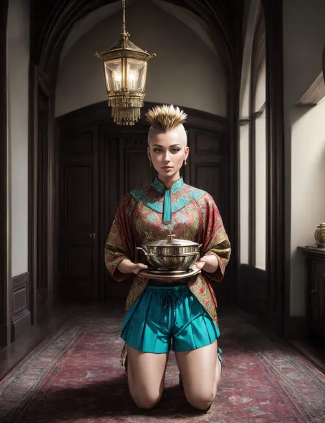 ((best quality)), ((masterpiece)), ((realistic)), (detailed), female Senior, Angular, Central Asian, Light brown eyes,  , Honey Blonde Mohawk hair, Admiration wearing Seersucker  Digital print  Turquoise Pleated shorts,  Collarless blouse, , Tiara,  and, Kneeling with head bowed, displaying humility or prayer, Reception/Lobby, Pots and Pans,Storage Bins, Limestone, Gas Lanterns, Wall Sconces, ((masterpiece)), absurdres, HDR, <lora:add_detail:1>, <lora:LowRA:0.5>