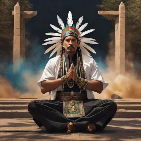 ((best quality)), ((masterpiece)), ((realistic)), (detailed), male Ageless Graceful, Native Hawaiian, Black eyes,  Nostril Narrow Nose,    Unusual Forehead, Unusual face shape,  Anchor Goatee , Chestnut High fade hair, Hope, wearing  Utility joggers,  Suit jacket, Slip-on shoes, Feathers headdress,  and and and, Hands in prayer position, showing reverence, Hard - Edge Painting, Cyber-occultism, Sullen, ray tracing, AnvilNext engine, Fantasy, Selective Color, Perspective, , , Carefully Designed, HD, Distinctive,, (Amorphous,hailstorm,Pyramid,Runescribed Plates,Metallic Plates Vibration,Drifting,Dark brown Radiating,Inspire,Spectral  magic:1.0), ((masterpiece)), 8K, HDR