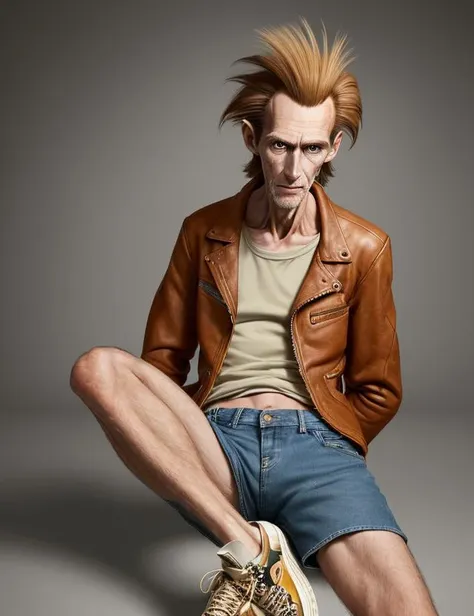 male Ageless Lanky, Indigenous Australian, Honey eyes,  Bulbous Nose, Pointed Chin, Soft Jaw,  Unusual Forehead,   , Ginger Long textured comb-over hair, Sarcasm, wearing  Pleated denim shorts,  Leather jacket, Chukka sneakers, , , Hands on the stomach, suggesting nervousness or discomfort