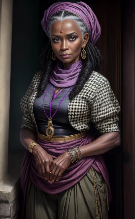 ((best quality)), ((masterpiece)), ((realistic)), (detailed), female Elderly Lean Sub-Saharan African wearing Olive Georgette Tribal Tailored trousers and Light purple Sateen Houndstooth Smocked top and Pumps and Bandana and Mask with Smoky eye makeup and Turquoise eyes and Cheekbones and Retro curls hairstyle, Hands on the forehead, displaying fatigue or exhaustion, Puzzlement , ((masterpiece)), absurdres, HDR, <lora:add_detail:1>, <lora:LowRA:0.5>