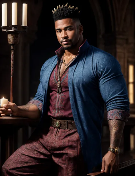 ((best quality)), ((masterpiece)), ((realistic)), (detailed), male Senior Full-figured, Afro-Caribbean, Deep blue eyes, , Orchid Mohawk hair, Awe, wearing Burgundy Aztec Barkcloth Straight-leg chinos, Paisley Flannel Henley shirt, Derby shoes, , and and, Hands holding an object delicately, showing care, City Halls, Slate, Torches (Traditional or Modern), Rim Lighting, ((masterpiece)), absurdres, HDR, <lora:add_detail:1>, <lora:LowRA:0.5>