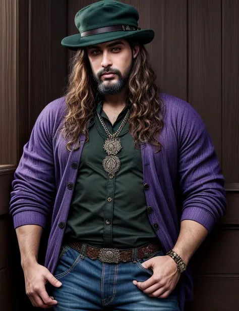 ((best quality)), ((masterpiece)), ((realistic)), (detailed),  male Late twenties Brawny Gypsies wearing PlumPurple Taffeta Checkered Denim joggers and PlumPurple Chiffon Moroccan Cardigan and Brogues and Chef's hat and Wallet chain with Bandholz Beard and Dark green eyes and Freckles and Tousled waves hairstyle, Hands on cheeks, displaying surprise, Curiosity ((masterpiece)), absurdres, HDR, <lora:add_detail:1>, <lora:LowRA:0.5>