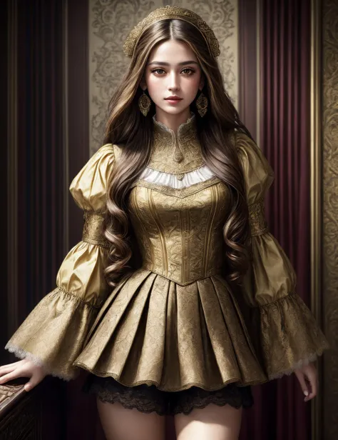 ((best quality)), ((masterpiece)), ((realistic)), (detailed), female Golden age, Graceful, Gypsies, Light brown eyes,  , Long layers hair, Worry wearing Brocade Pleated shorts, Lace  Damask Peplum top, , , , Hands in pockets, displaying a casual attitude, ((masterpiece)), absurdres, HDR, <lora:add_detail:1>, <lora:LowRA:0.5>