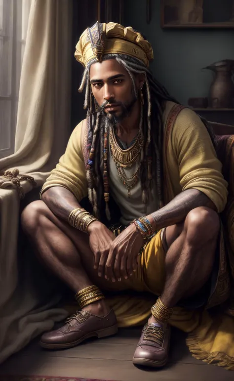 ((best quality)), ((masterpiece)), ((realistic)), (detailed), male Thirties Chiseled Gypsies wearing Yellow Lurex Ruffled Sweatshorts and LavenderGray Denim Digital print V-neck sweater and Wingtip shoes and Pharaoh's headdress and Scarf ring with Hipster Beard and Light brown eyes and Wrinkles and Dreadlocks hairstyle, Leaning forward with curiosity, Insecurity , ((masterpiece)), absurdres, HDR, <lora:add_detail:1>, <lora:LowRA:0.5>