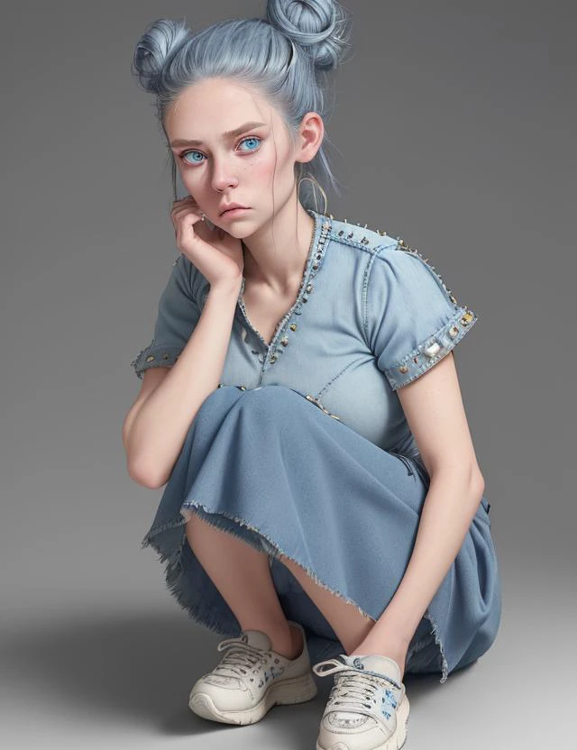 female Eighteen, Sculpted, Inuit, Light blue eyes, Unique Ears,  Square Chin, Receding Jaw, Dimpled Cheeks,  Oblong face shape,  Natural "no-makeup" makeup , Denim Blue Messy bun hair, Rage wearing  Midi skirt with asymmetrical hem,  Embellished blouse, Slip-on sneakers, , , Hands in prayer position, showing reverence