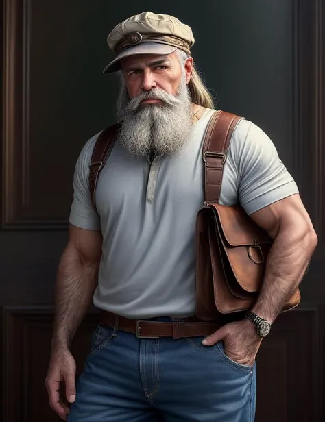 ((best quality)), ((masterpiece)), ((realistic)), (detailed), male Geriatric Stacked, Russian, Ruby red eyes, Tailback Beard , Caramel Ivy League hair, Satisfaction, wearing  Denim shorts, Muslin Striped Henley shirt, , Newsboy cap,  and andeyebrow Piercings  andMessenger Bag , One hand raised, signaling a question, ((masterpiece)), absurdres, HDR, <lora:add_detail:1>, <lora:LowRA:0.5>