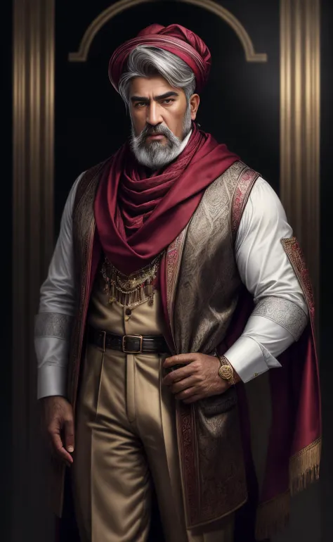 ((best quality)), ((masterpiece)), ((realistic)), (detailed), male Senior Pear-shaped South Asian wearing SilverGray Damask Ruffled Cuffed pants and Maroon Felt Herringbone Sweatshirt and Oxfords and Jester hat and Scarf clip with Van Dyke and Golden eyes and Nasal septum and Short comb-over hairstyle, Arms extended wide, expressing openness, Astonishment , ((masterpiece)), absurdres, HDR, <lora:add_detail:1>, <lora:LowRA:0.5>