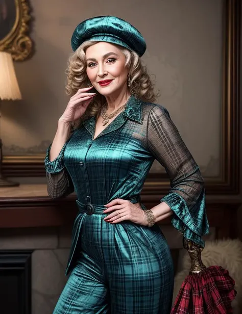 ((best quality)), ((masterpiece)), ((realistic)), (detailed), female Nonagenarian Hourglass Russian wearing Turquoise Seersucker Tartan Palazzo pants and Terracotta Flannel Animal print Velvet blouse and Wedges and Pillbox hat and Umbrella with Romantic date night makeup and Gray eyes and Laugh lines and Retro curls hairstyle, Hands on heart, showing sincerity, Interest ((masterpiece)), absurdres, HDR, <lora:add_detail:1>, <lora:LowRA:0.5>