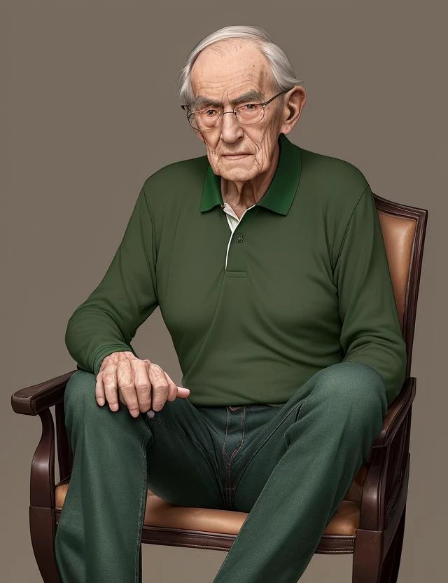 male Elderly Hourglass, East Asian, Dark green eyes, Elongated Ears,  U-Shaped Chin,   Flat Forehead,    , Dark Brown Textured crop hair, Contentment, wearing Light green Stretch jeans, Jersey  Zigzag Performance polo, Wingtip shoes, ,  and and, Sitting with legs crossed and hands on lap, appearing composed and attentive