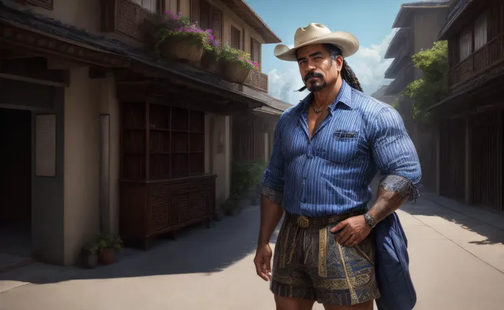 ((best quality)), ((masterpiece)), ((realistic)), (detailed), male Middle-aged Builky Polynesian wearing Azure Linen Pinstripe Harem shorts and Cobalt Twill Batik Cargo shirt and Derby boots and Cowboy hat and Shoe storage bags with Zappa Mustache and Black eyes and Teeth and Pompadour hairstyle, Arms crossed tightly, suggesting defensiveness or discomfort, Frown , A grand celestial library containing boundless knowledge and wisdom., Street Photography ((masterpiece)), absurdres, HDR, <lora:add_detail:1>, <lora:LowRA:0.5>