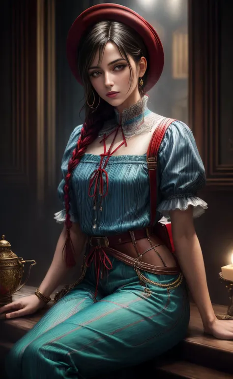 ((best quality)), ((masterpiece)), ((realistic)), (detailed), female Nineties Slender Greek wearing CherryRed Polyester Striped Harem pants and Turquoise Chambray Moroccan Smocked top and Lace-up boots and Fedora and Suspenders with Natural "no-makeup" makeup and Ruby red eyes and Moles and Fishtail braid hairstyle, One hand pointing, signaling direction, Grief , ((masterpiece)), absurdres, HDR, <lora:add_detail:1>, <lora:LowRA:0.5>