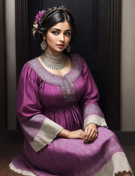 ((best quality)), ((masterpiece)), ((realistic)), (detailed), female Late twenties, Curvy, South Asian, Blue eyes, Tongue, Shag haircut hair, Guilt wearing Broderie anglaise  Fuchsia  Ikat Ruffle trim skor, Aztec Pleated tunic, , Crown braid, , Sitting crossed-legged, relaxed, ((masterpiece)), absurdres, HDR, <lora:add_detail:1>, <lora:LowRA:0.5>