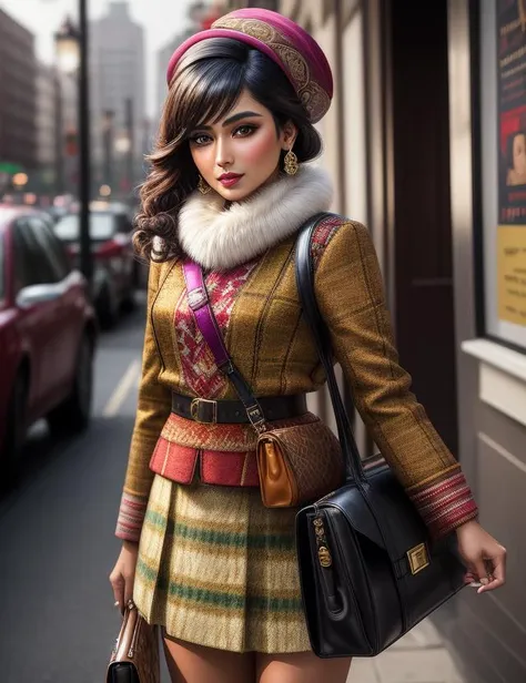 ((best quality)), ((masterpiece)), ((realistic)), (detailed),  female Late twenties Compact South Asian wearing Fuchsia Tweed Fair Isle Paperbag waist skirt and CinnamonBrown Tweed Tribal Ruched top and Loafers and Fascinator hat and Messenger bag with Sophisticated and polished makeup and Amber eyes and Jaw and Choppy haircut hairstyle, Arms outstretched, inviting an embrace, Anticipation ((masterpiece)), absurdres, HDR, <lora:add_detail:1>, <lora:LowRA:0.5>