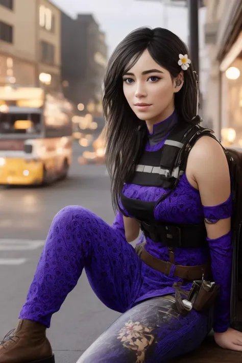realistic, masterpiece, profesional image trending on artstation of 1 gilr Aruni, <lora:Aruni_from_Rainbow_Six_Siege:0.85> 1girl, aruni , purple eyes, slender, small breasts, black hair, flower in hair, scar on face,brown leather corset, long skirt, and knee-high boots , Sitting on a chair with one hand on the knee and the other hand holding a cup of coffee or tea. , (((in modern city streeet background,))) perfect quality, rim lights, detialed, full body shot , perfect body proportions, realistic skin details BREAK, ultrasharp, ultradetailed, perfect quality, masterpiece, intricated details, ultra clear, <lora:add_detail:0.7>, <hypernet:sxzBloom_sxzBloom:0.3>, detailed skin perfectly detailed face, sharp face,