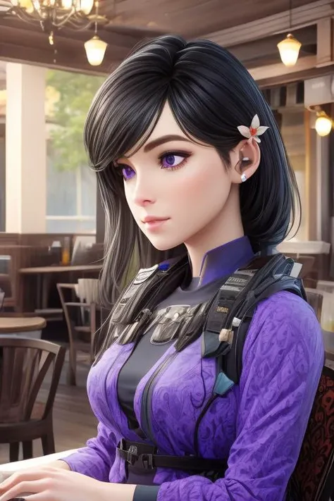 realistic, masterpiece, profesional image trending on artstation of 1 gilr Aruni,<lora:Aruni_from_Rainbow_Six_Siege:0.66> 1girl, aruni , purple eyes, slender, small breasts, black hair, flower in hair, scar on face,leather harness, goggles, and cargo pants , Sitting on a chair with one hand on the knee and the other hand holding a cup of coffee or tea. , (((in exotic club with neon lights and colorfull walls and lights background,))) perfect quality, rim lights, detialed, focus on character , perfect body proportions, realistic skin details BREAK, ultrasharp, ultradetailed, perfect quality, masterpiece, intricated details, ultra clear, <lora:add_detail:0.7>, <hypernet:sxzBloom_sxzBloom:0.3>, detailed skin perfectly detailed face, sharp face,