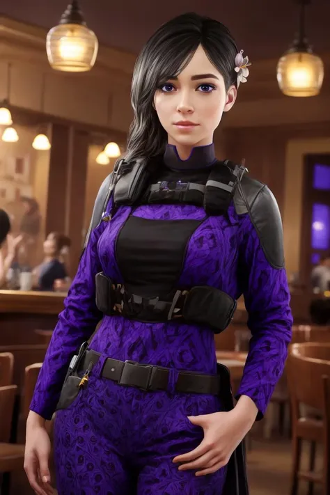 realistic, masterpiece, profesional image trending on artstation of 1 gilr Aruni, <lora:Aruni_from_Rainbow_Six_Siege:0.85> 1girl, aruni , purple eyes, slender, small breasts, black hair, flower in hair, scar on face,long coat, pinstripe pants, and leather boots , Standing with one hand on the hips and the other hand on the back of the head, with a confident and relaxed expression on the face. , (((in fancy caffe background,))) perfect quality, rim lights, detialed, focus on character , perfect body proportions, realistic skin details BREAK, ultrasharp, ultradetailed, perfect quality, masterpiece, intricated details, ultra clear, <lora:add_detail:0.7>, <hypernet:sxzBloom_sxzBloom:0.3>, detailed skin perfectly detailed face, sharp face,