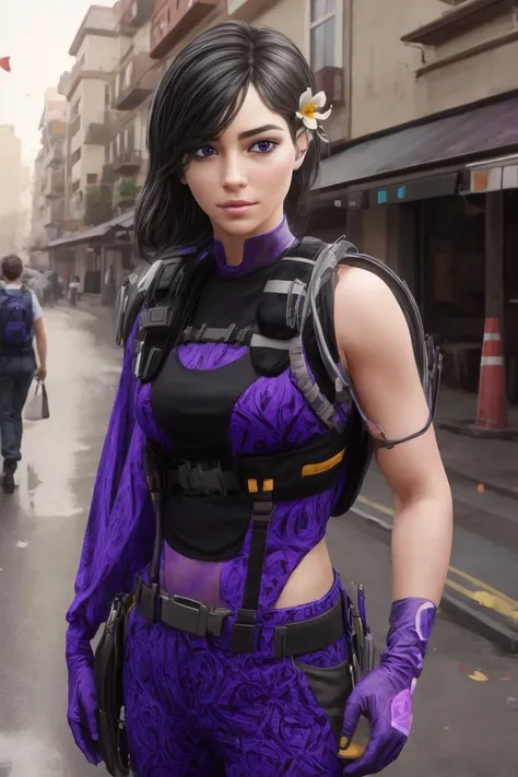 realistic, masterpiece, profesional image trending on artstation of 1 gilr Aruni, <lora:Aruni_from_Rainbow_Six_Siege:0.85> 1girl, aruni , purple eyes, slender, small breasts, black hair, flower in hair, scar on face,striped shirt, fitted vest, and leather gloves , Standing with one hand on the hip and the other hand on the chin, with a thoughtful expression on the face. , (((in modern city streeet background,))) perfect quality, rim lights, detialed, full body shot , perfect body proportions, realistic skin details BREAK, ultrasharp, ultradetailed, perfect quality, masterpiece, intricated details, ultra clear, <lora:add_detail:0.7>, <hypernet:sxzBloom_sxzBloom:0.3>, detailed skin perfectly detailed face, sharp face,