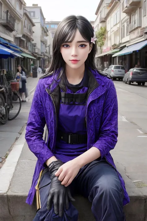 realistic, masterpiece, profesional image trending on artstation of 1 gilr Aruni, <lora:Aruni_from_Rainbow_Six_Siege:0.75> 1girl, aruni , purple eyes, slender, small breasts, black hair, flower in hair, scar on face,trench coat, leather gloves, and aviator goggles , Sitting on a chair with one hand resting on the knee and the other hand holding a book or a pencil. , (((in modern city streeet background,))) perfect quality, rim lights, detialed, focus on character , perfect body proportions, realistic skin details BREAK, ultrasharp, ultradetailed, perfect quality, masterpiece, intricated details, ultra clear, <lora:add_detail:0.7>, <hypernet:sxzBloom_sxzBloom:0.3>, detailed skin perfectly detailed face, sharp face,