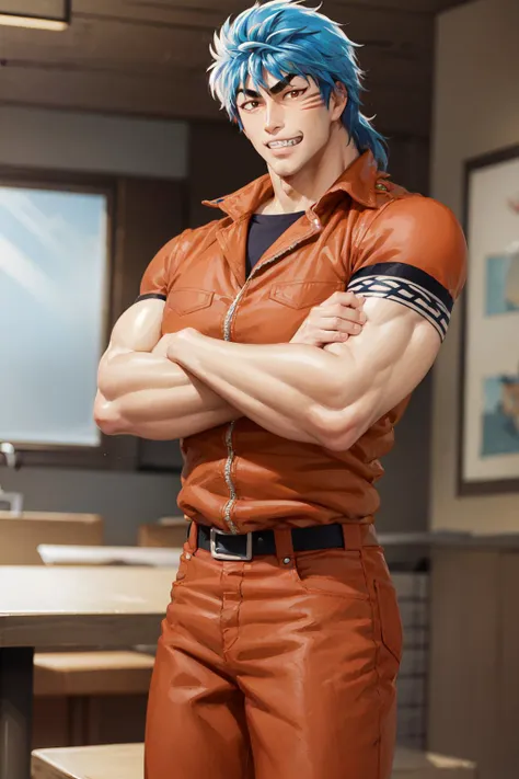 (masterpiece, best quality:1.2), <lora:torikotv_toriko-10:1>, cowboy shot, solo, male focus, 1boy, muscular male, toriko, grin, looking at viewer, crossed arms, orange shirt, short sleeves, orange pants, belt