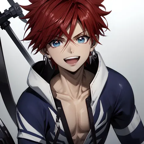 ultra detailed, highres, high-resolution, 8k, 8k portrait, unity 8k wallpaper, extremely detailed unity 8k wallpaper, shiny skin, detailed skin, musashi\(orient\), smile, open mouth, solo, 1boy, looking at viewer, male focus, earrings, blue eyes, red hair, spiked hair, close up, simple background, white background,