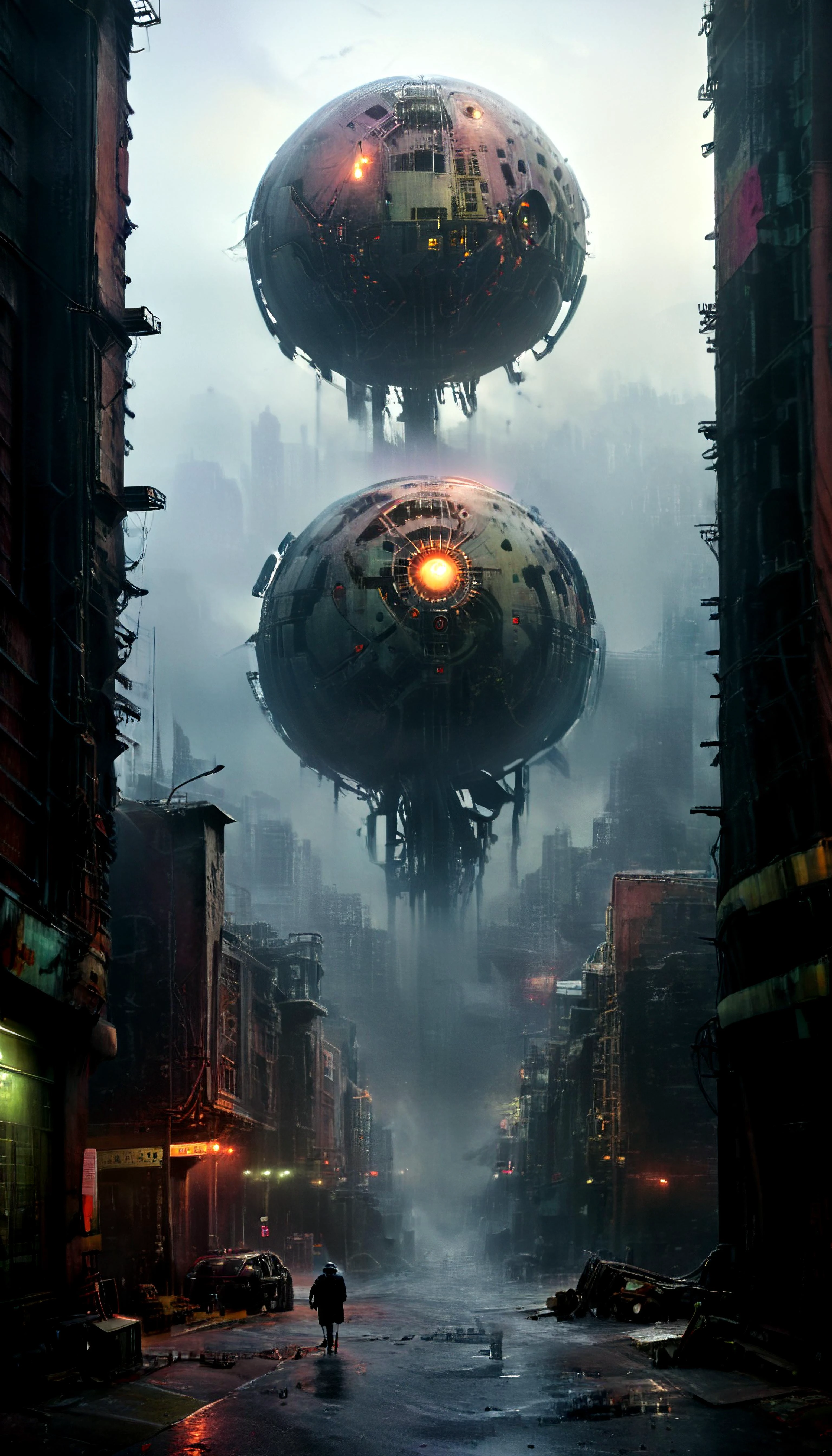 8k dlsr photo of mechanical <lora:Elamite_Sphere:0.6> construct sphere on cyborg legs, strolling the desolate city, dystopian street ( futuristic-retro cyberpunk gloomy, ominous:1.4), night, fog, haze, mist, distant lights highly detailed, , by Alex Andreev,