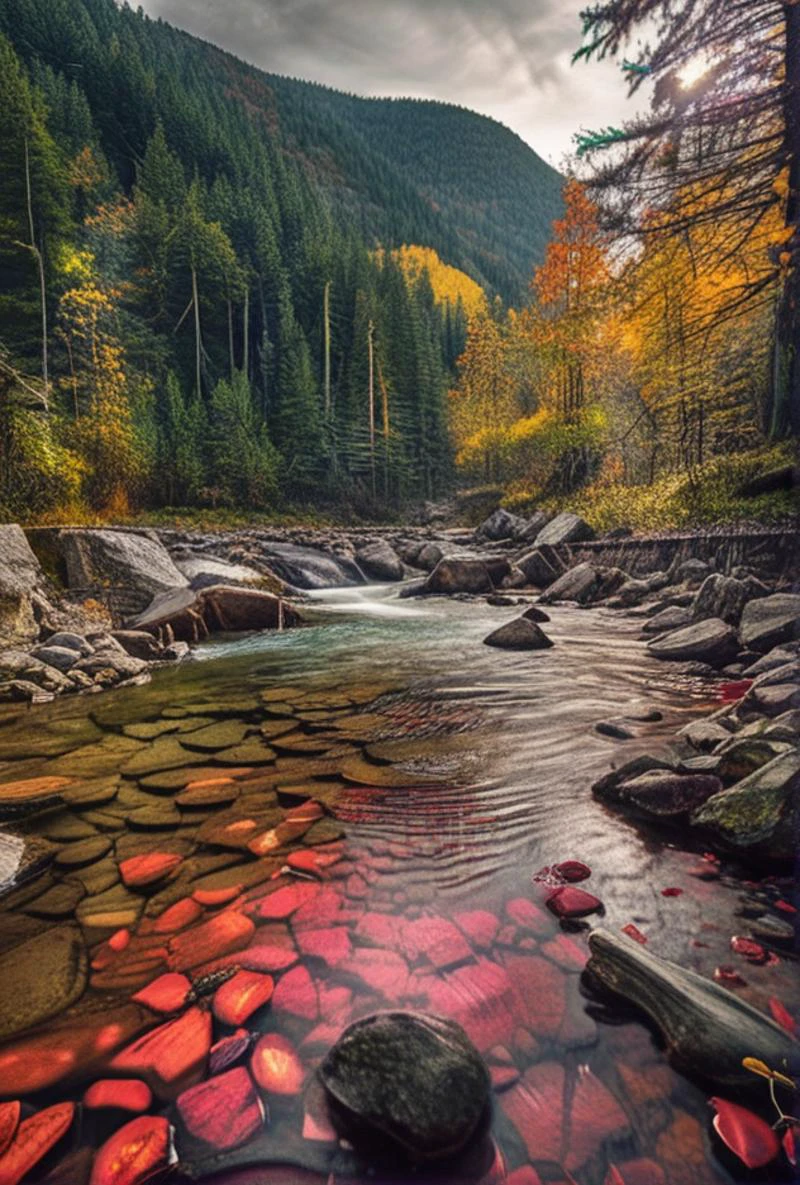 (Glossy HDR contrast)(Neutral density gradient filter sky)(bright over-saturated floor level photo within Canadian Mountain Range, National Park height of fall colors)(reds, yellows)(cold air after heavy rainfall rushing molten river torrent)(perfect PM lighting conditions with god rays feeling of splendor and humility)(long exposure on wide format)(rays of sunshine on the forest floor)(ancient pagan alter in foreground)(with true film high dynamic range award winning image, legacy artwork, 8k)(processing: .25 unsharp mask, S curve, dodge and burn, mid-level contrast, dark edge vignette)
<lora:LCM-LoRA-XL_V1:0.21>
<lora:SDXLHighDetail_v5:0.5>
<lora:add-detail-xl:0.5>
<lora:ral-exposure:0.2> ral-exposure <lora:sdxl_photorealistic_slider_v1:1.5>