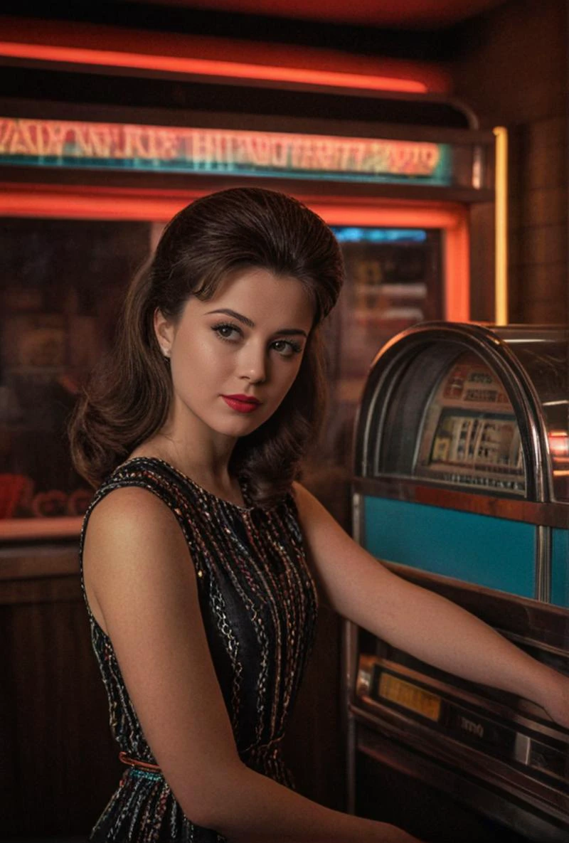 (Portrait Photo of an actress in 1960s attire, leaning against a classic diner's jukebox, under vibrant and contrasting lighting, from a slightly tilted angle, embodying the mood of cool and retro)((dodge and burn, corner edge darken vignette)((exposure POP!!! hdr extremely intricate, High (Detail:1.1), Sharp focus, dramatic cinematic light, (8k textures, elegant, ((((cinematic look))))breathtaking, insane details))
<lora:LCM-LoRA-XL_V1:0.21>
<lora:SDXLHighDetail_v5:0.5>
<lora:sdxl_photorealistic_slider_v1:1.6>
<lora:JuggerCineXL2:0.8> Movie Still, Film Still, Cinematic, Cinematic Shot, Cinematic Lighting