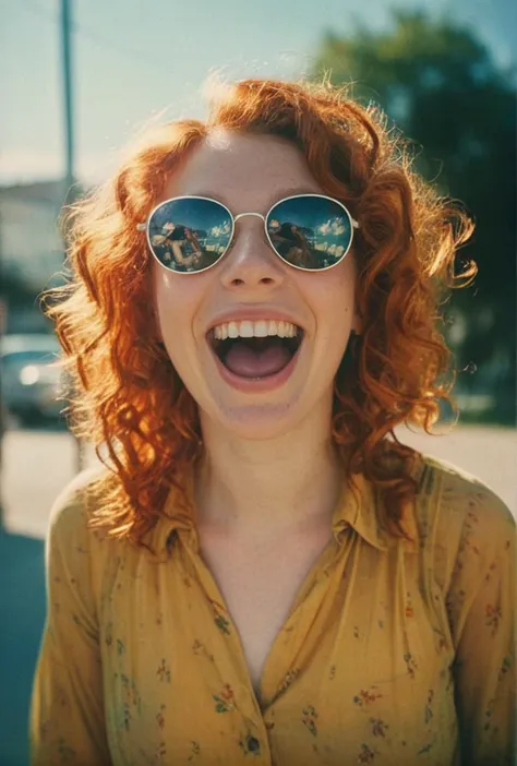 (spectacular analog color film photo of  full body redhead lady laughs and enjoys the sun)(sky is reflected in mirrored glasses)(bright red curly hair flies up in motion)(sunny day sun flare effect on photographic film)
<lora:LCM-LoRA-XL_V1:0.21>
<lora:SDXLHighDetail_v5:0.3>
<lora:ral-exposure:0.3> ral-exposure <lora:sdxl_photorealistic_slider_v1:1.2> 
<lora:RMSDXL-DarknessCinema-XL_V1:0.6>
ISO 200 faded film, 35mm photo, grainy, vignette, vintage, Kodachrome, Lomography, stained, highly detailed, found footage