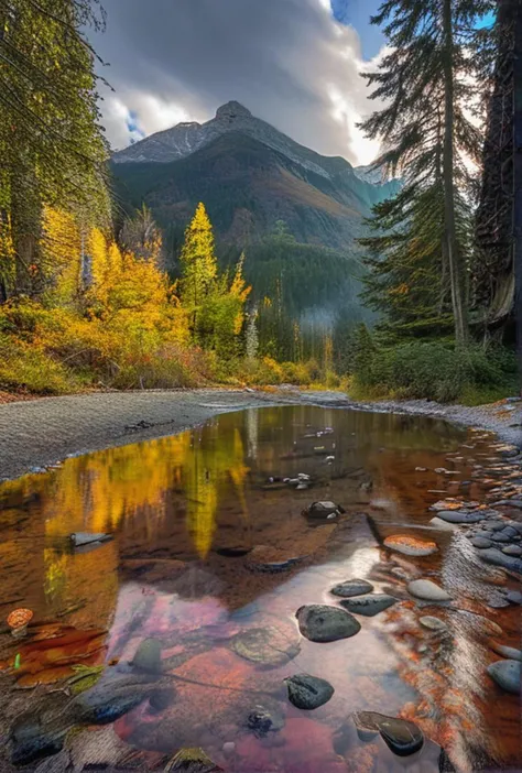 (Glossy HDR contrast)(Neutral density gradient filter sky)(bright over-saturated floor level photo within Canadian Mountain Range, National Park height of fall colors)(reds, yellows)(cold air after heavy rainfall rushing molten river torrent)(perfect PM lighting conditions with god rays feeling of splendor and humility)(long exposure on wide format)(rays of sunshine on the forest floor)(ancient pagan alter in foreground)(with true film high dynamic range award winning image, legacy artwork, 8k)(processing: .25 unsharp mask, S curve, dodge and burn, mid-level contrast, dark edge vignette)
<lora:LCM-LoRA-XL_V1:0.21>
<lora:SDXLHighDetail_v5:0.5>
<lora:add-detail-xl:0.5>
<lora:ral-exposure:0.2> ral-exposure <lora:sdxl_photorealistic_slider_v1:1.5>
