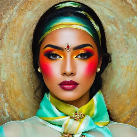 Design a striking advertisement where a Malay girl in hijab confidently showcases a vibrant range of lipsticks, each shade symbolizing a different facet of her personality and style, empowering viewers to embrace self-expression through makeup