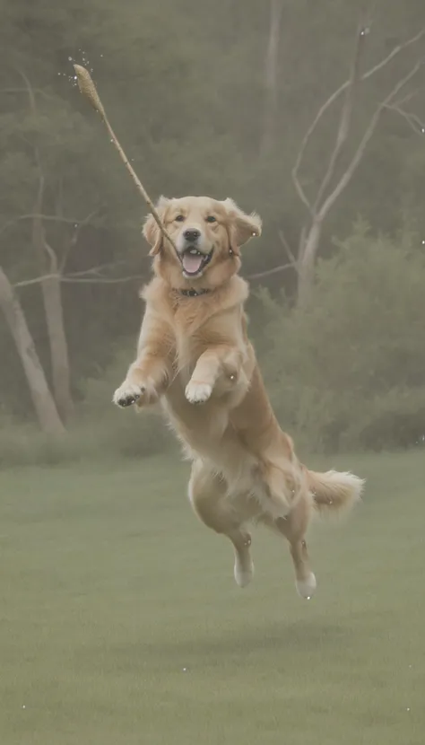 Golden retriever jumping to catch a stick