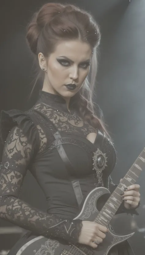 swedish metal rock girl holding a guitar, intense stare into camera, with gothic make-up, intricate details, highly detailed eyes, fancy hair and dark gothic dress, flash photo, on stage, intricate details